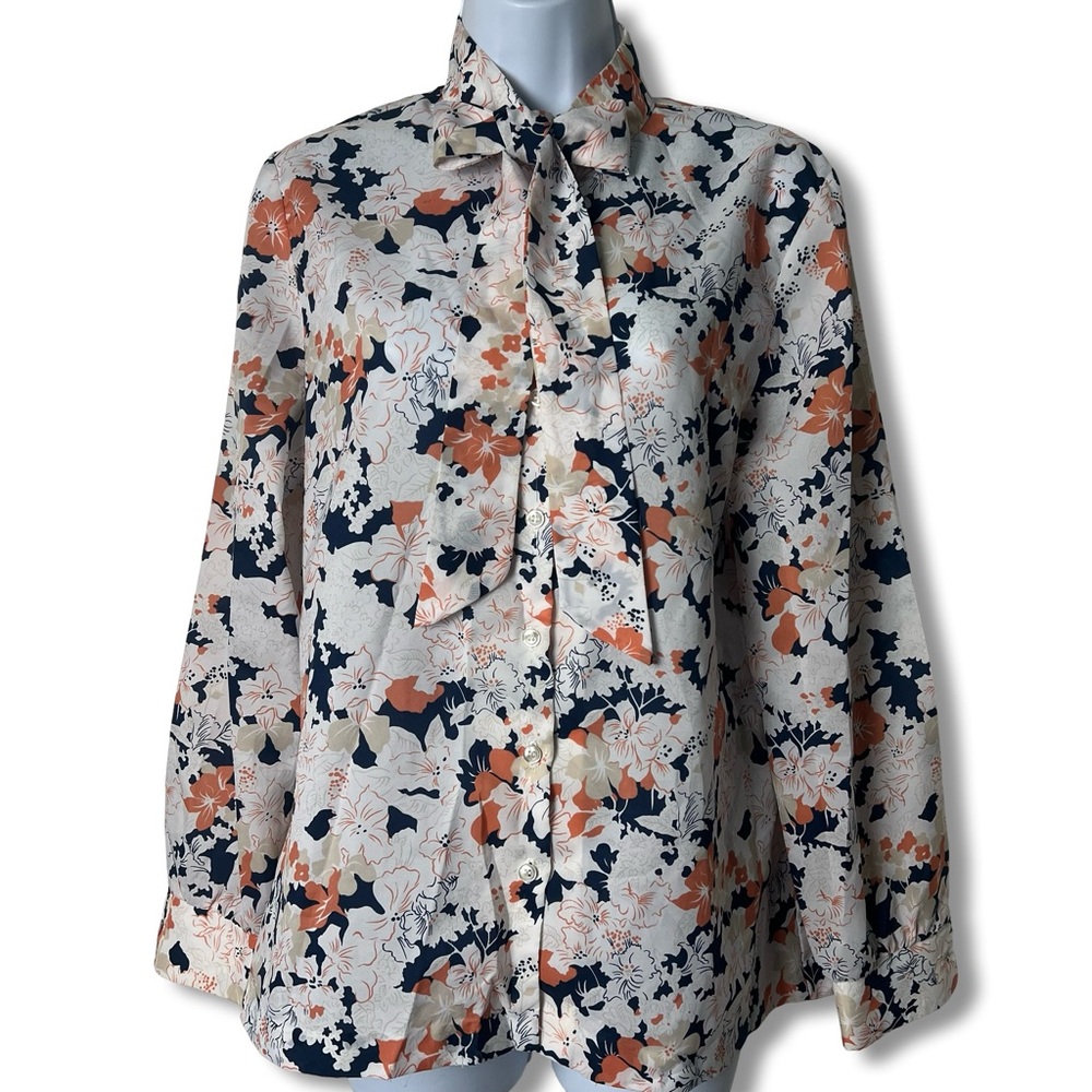 Catalina - Floral Bow Tie Neck‎ Blouse Long Sleeve Button Down VTG 70s - Sz. 12